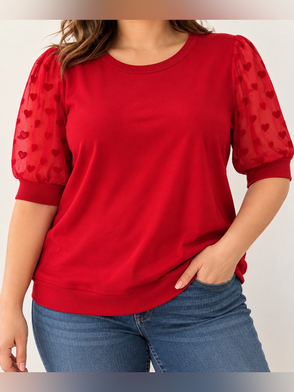 Torrid Size 3 Red Puff Heart Mesh Sleeve Blouse